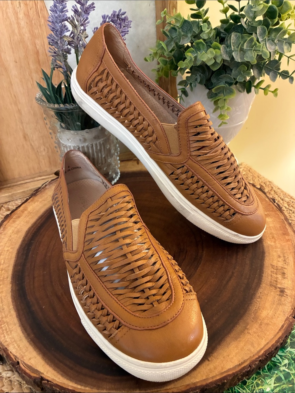 J Slides Tan Woven Leather Slip-On Sneakers